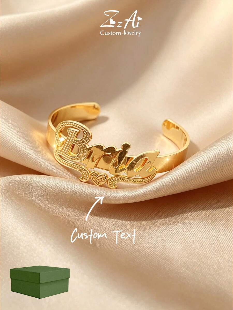 1pc Personalized 3D Name Bangle Cuff - Sterling, Printed Floral Style Bracelet, Personalized Custom Text Jewelry, 18k Gold Stainless Steel Jewelry, Including Exquisite Gift Box, As A Mother's Day Gift,Jewellery For Ladies, Bff Bracelet For 2 - Gold - View 1