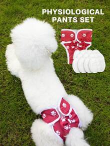 Conjunto de pantalones fisiológicos con moño para perros (incluye 20 almohadillas desechables), pantalones menstruales, adecuados para mascotas medianas y pequeñas - Rojo - Ver 1