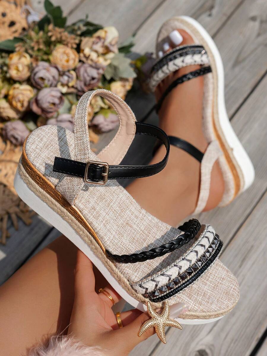 WRCVS Sandal Wedges Tali Anyaman Hitam, Sandal Liburan Musim Panas Sol Tebal dengan Alas Tali, Sepatu Penambah Tinggi Badan Gaya Bohemian dengan Motif Acak - Hitam - View 1