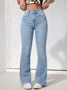 Flattering Flared Denim Pants With Decorative Pockets For A Unique Look. - Light Blue LMKF031guion1 - View 15