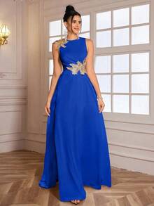 High-End Elegant 3D Floral High Slit Long Evening Dress, Formal Prom Gown, For Wedding Guest, Graduation, Dinner, Party Dress Spring - Royal Blue - View 4