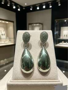 1对长款水滴形水钻耳环，复古简约时尚日常佩戴饰品 - 水滴光面耳環 - 查看 2