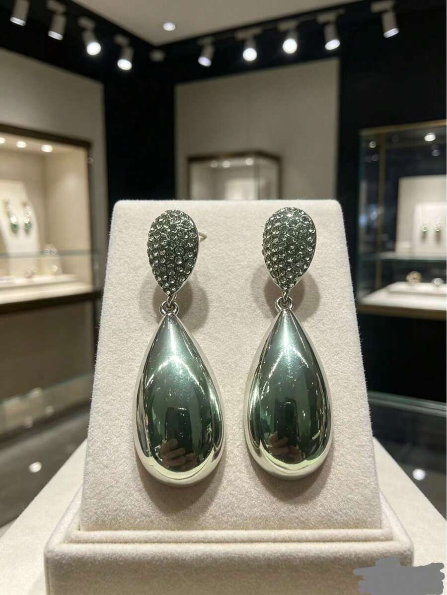 1对长款水滴形水钻耳环，复古简约时尚日常佩戴饰品