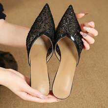 蕾丝拼接透明绑带高跟凉鞋，尖头低帮春季新品，超高跟派对鞋 - 黑色 - 查看 3
