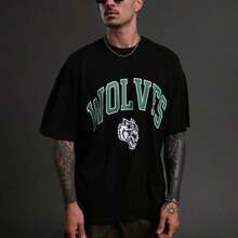 WOLVES CLUB Men 180g Cotton Vintage Print Loose Tee Casual Training Short Sleevesummer Outfits For Womenvintage Graphic Tees - T251030 Black - View 4