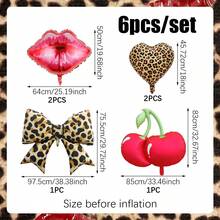 6pcs Matte Leopard Print Bow Themed Balloons, Includes Cherry, Bow, Lip Heart Foil Balloons, For Bow Decor, Birthday, Valentine's Day, Leopard Birthday Party, Wild Theme Party, Girls' Night, Retro Glamour Party, Retro Charm Party, Wild Feminine Celebration, Bachelorette Party, And Any Event Needing Fun Wild Leopard Vibe With Sweet Elements - Multicolor - View 2