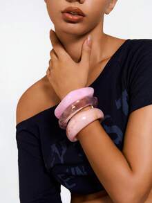 Kryxie 3pcs/Set Pink Acrylic Bracelet Set, Elegant Minimalist Dye Bangle Combination, Can Be Worn Alone Or Stacked, Suitable For Daily Wear And Vacation - Pink - View 2