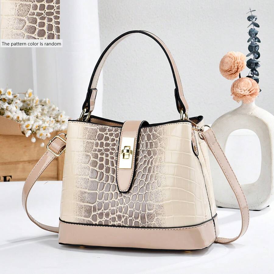优雅漆皮鳄鱼纹手提包，时尚春夏单肩斜挎包，大容量通勤水桶包，送给妈妈的礼物，约会礼物，四季皆宜 - 卡其色 - 查看 1
