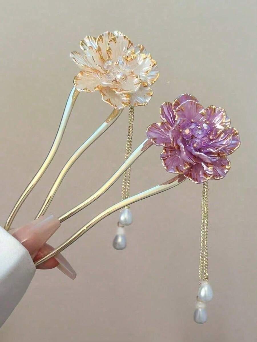 复古珐琅中国风牡丹花发夹,新款中国古典高端优雅发饰,旅行,生日礼物 - 彩色 - 查看 1