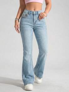 Flattering Flared Denim Pants With Decorative Pockets For A Unique Look. - 中藍LMKF82005guion1 - 查看 16