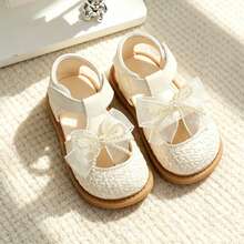 女童夏季新款米色编织包头凉鞋，珍珠蝴蝶结公主鞋，柔软防滑魔术贴易穿脱婴儿鞋 - 米色 - 查看 3