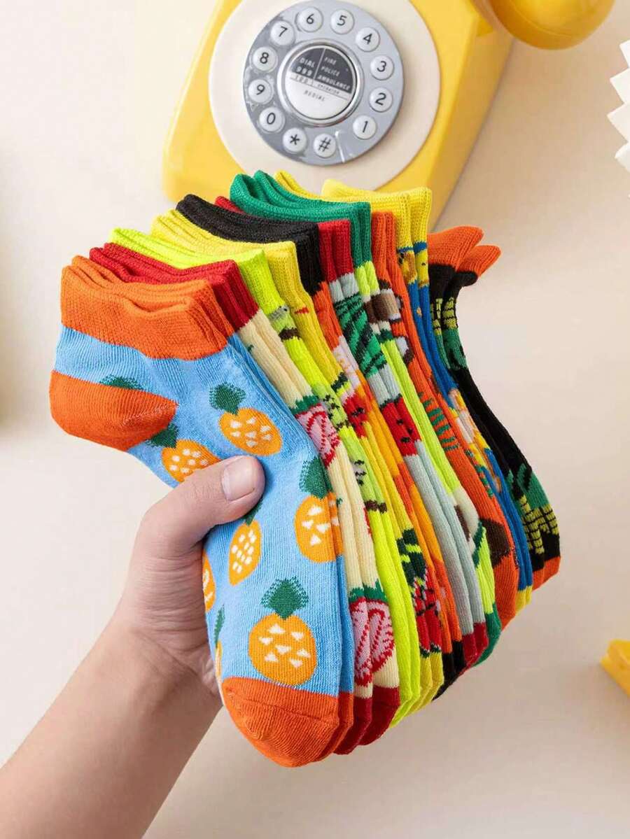 5 Pairs Women Cute Fruit Pattern Invisible Socks, Random Styles Include Strawberry, Avocado, Watermelon, Pineapple Prints, Low-Cut, Unisex, Suitable For Spring/Summer Casual Wear - Multicolor - View 1
