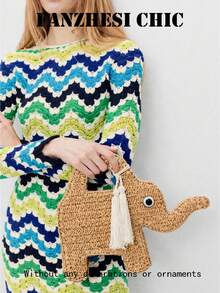 Túi xách nữ hình voi đan, túi cầm tay bằng sợi raffia mềm mại và thoáng khí, thiết kế hình động vật dễ thương, túi đi biển mùa hè nhẹ nhàng, thích hợp cho kỳ nghỉ biển, những chuyến đi cuối tuần và những buổi đi chơi thường ngày. - Màu be - Xem 5