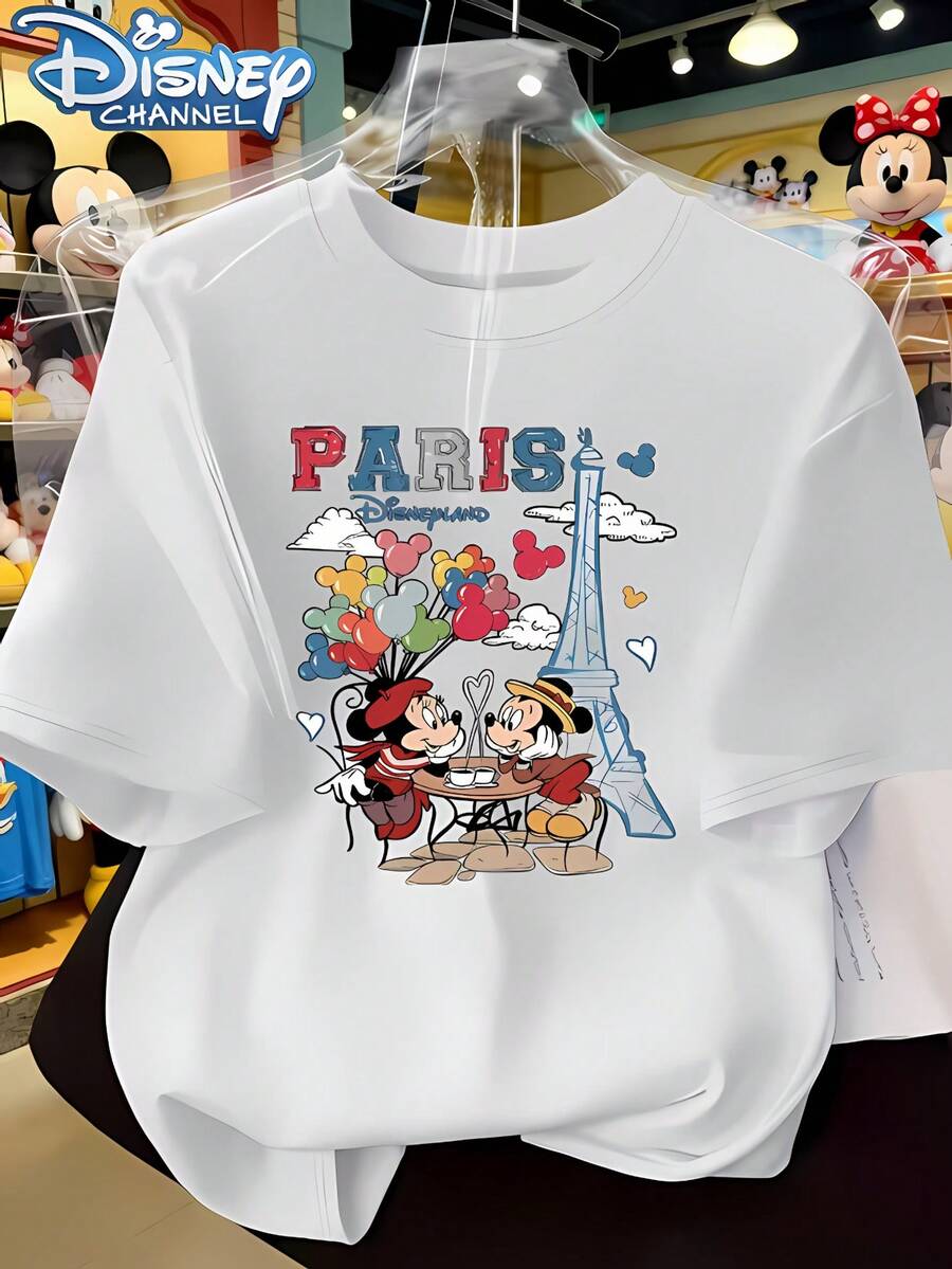 Authentic Disney Themed Cartoon Pattern Short-Sleeve T-Shirt For Women, Featuring A Stylish Print, Perfect For Summer At Disneyland Paris - 白色 - 查看 1