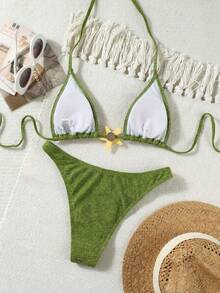 Bộ bikini màu xanh lá cây dành cho nữ, điểm nhấn là họa tiết sao biển và dây chuyền, thích hợp cho kỳ nghỉ biển và các bữa tiệc thường ngày, bộ đồ bơi thanh lịch và gợi cảm. - màu xanh lá - Xem 3