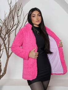 Women's Premium Long Teddy Coat, Lined Winter Overcoat, Plush, With Pockets, Warm, Soft, Luxury - 粉紅玫瑰(紫紅色) - 查看 2