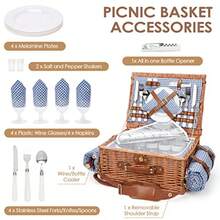 Cesta de picnic para 4 cestas de picnic aisladas con correa para el hombro cesta de picnic con manta impermeable cesta de mimbre hecha a mano para exteriores gran regalo para Acción de Gracias - Azul y Blanco a cuadros - Ver 3