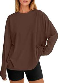 Womens Oversized Long Sleeve Shirts  Crew Neck Baggy Active Basic Tee Spring Workout Tops Y2k Clothing - 01-brown - View 9