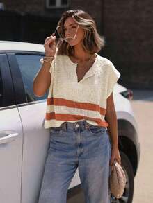 Women's Retro Summer Knit Top: V-Neck, Textured Striped And Side Slit Design, Loose Sleeveless Fit - Versatile Casual Wear - Burnt Orange - View 3