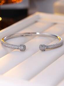 1pc Sparkling Elegant Fully Paved Zirconia Double Nail Clasp Bracelet For Women, Recommended For Daily Wear And Stylish Outfits - Bracelet - View 4