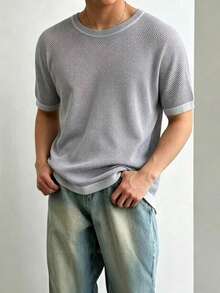 男士春夏针织圆领镂空短袖毛衣，撞色领休闲日常百搭款 - 灰色 - 查看 6