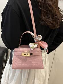 Crocodile Embossed Scarf Decor Flap Cover Handbag, Solid Color Embossed Tote Bag, Fashion Metal Lock Decor Mini Shoulder Crossbody Bag, Suitable For Home, Shopping, Commuting - Pink - View 5