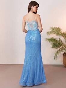Đầm dạ hội dài dáng đuôi cá không tay thanh lịch, được làm từ chất liệu đính sequin, thêu hoa ở phía sau, thiết kế xẻ tà, phù hợp cho các dịp trang trọng. - Màu xanh nhạt - Xem 3