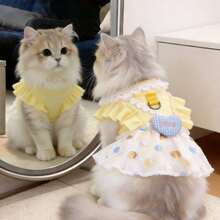 1件可爱猫咪公主裙，黄色波点蕾丝荷叶边蓬蓬裙，带牵引绳挂钩，透气夏季宠物服装，适合小型犬猫、幼猫幼犬日常穿着和拍照 - 黃色 - 查看 8