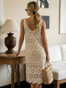 Đầm midi cổ chữ V móc len kiểu Bohemian, đầm không tay ren khoét lỗ cho kỳ nghỉ biển, trang phục đi nghỉ mát kiểu Bohemian. - Màu be - Xem 7