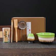 6件套釉面陶瓷抹茶茶具：带嘴陶瓷抹茶碗、抹茶筅、抹茶勺、滤茶器、抹茶刷。抹茶拿铁爱好者的完美工具套装。 - 6件套窯變釉抹茶工具套裝 - 查看 1