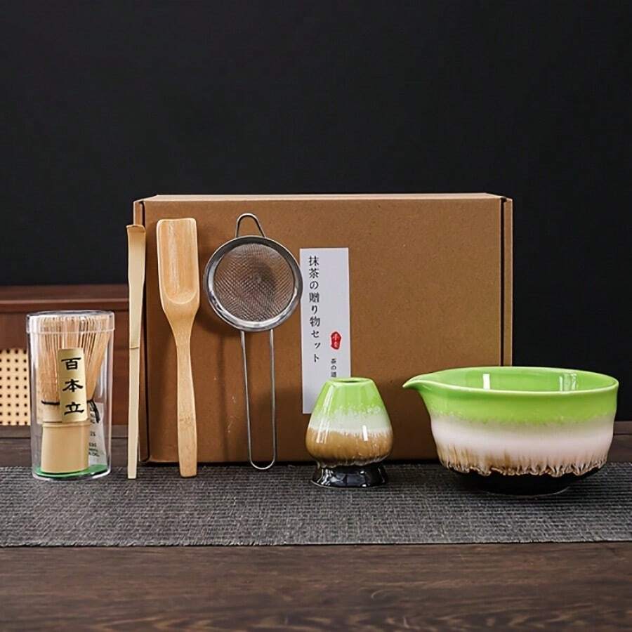 6件套釉面陶瓷抹茶茶具：带嘴陶瓷抹茶碗、抹茶筅、抹茶勺、滤茶器、抹茶刷。抹茶拿铁爱好者的完美工具套装。 - 6件套窯變釉抹茶工具套裝 - 查看 1
