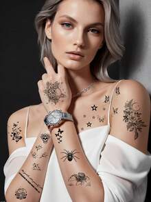 （30张一套）一套临时纹身贴纸，包含英文字母、蝴蝶、羽毛、星星、星座、蛇、蜘蛛、心形等图案，黑色贴纸，适用于手臂、脸部、手指和颈部纹身。 - 黑色 - 查看 2