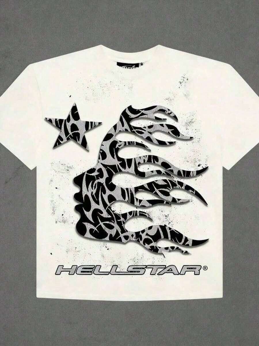 T Shirt Print ,Graphic-Cotton Tees Size Plus, Cartoon Round Neck Short Sleeve, Hellstars Flame Silhouette Vintage Graphic T-Shirt,220g 100% Cotton,Round Neck Short Sleeve,White Streetwear Essential,Unisex Style,Y2K,Oversized Shirt Men,With Shirt,Summer Tops,Shirt Suitablesummer Outfits For Women - 白色 - 查看 1