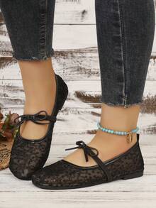 Nouvelles chaussures plates babies à bout rond en maille avec fleur en dentelle pour femmes, couleur unie, mode élégante, vacances, bohème, décontracté, fête, été - Noir - Voir 6