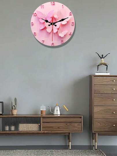2D Flat Elegant Pink Butterfly Wall Clock | Silent Art Decor With Floral Design, Ideal For Living Room, Bedroom, Office, And, Wooden Construction, AA Battery Not Included