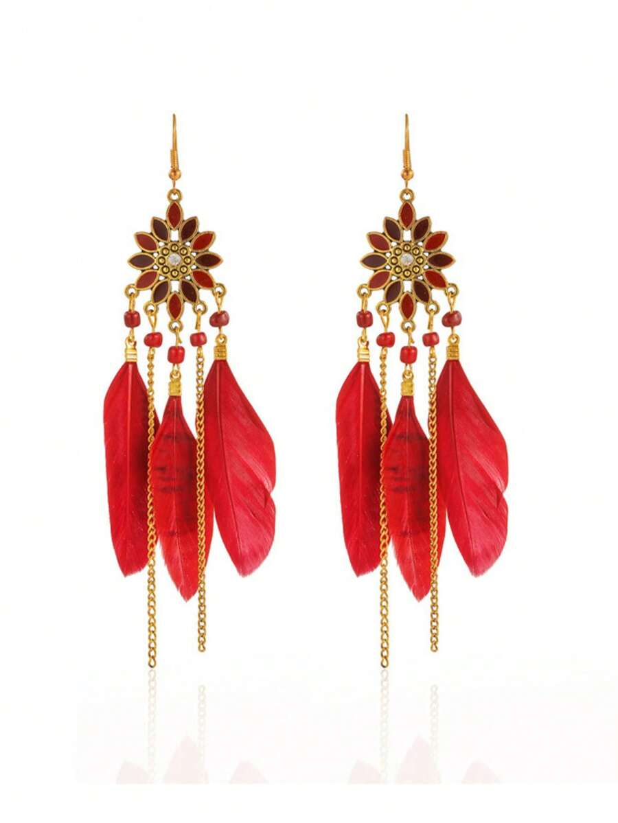 Vintage bohemio con flecos y plumas, pendientes largos para mujeres - Rojo - Ver 1