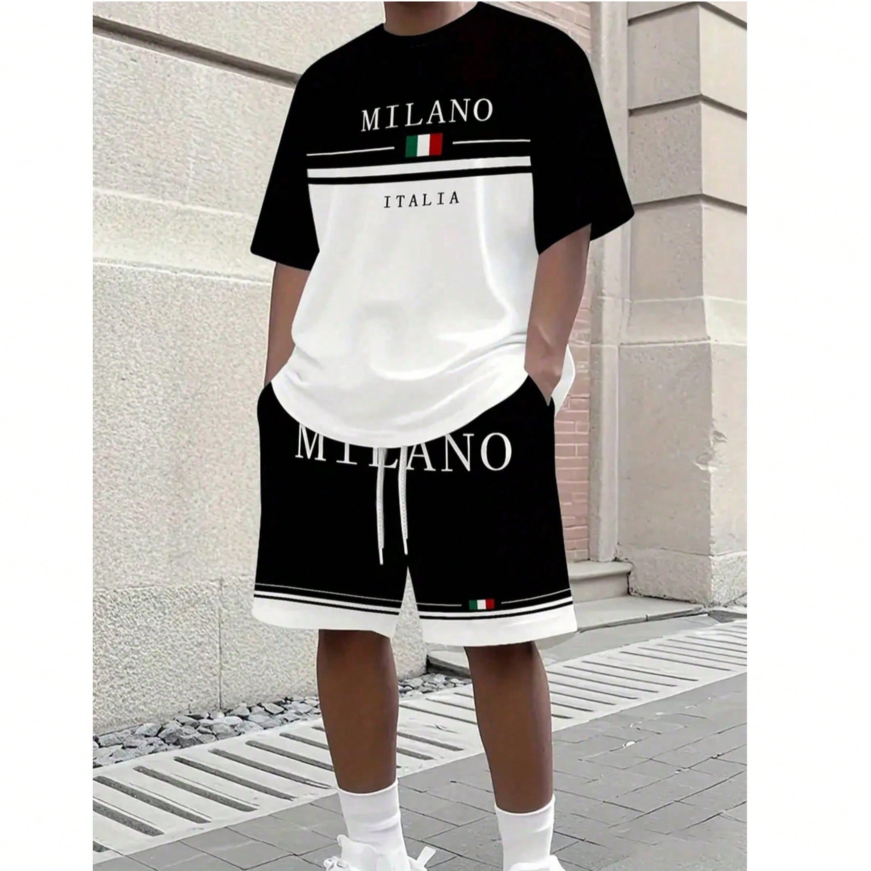 Conjunto de camiseta y pantalones cortos casuales para hombre con estampado "Milán Italia" - Negro y blanco, conjunto de verano transpirable, con cin