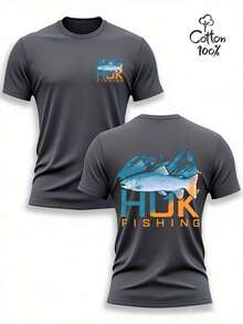 Men's 100% Cotton HUK FISHING T-Shirt Double Sided Print Gradient Trout Mountain Graphic Casual Outdoor Fishing Tee, 100% Heavyweight Cotton T-Shirts. - Grey - View 9