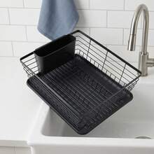 Escorredor de talheres de aço e plástico preto (1 peça) com caixa organizadora para utensílios. Grande capacidade, ideal para bancada, com bandeja coletora de gotas. Organizador de cozinha compacto para pratos e tigelas, otimiza o espaço da pia. - Ver 4