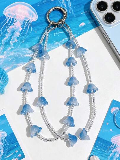 1pc Summer Ocean Jellyfish Crystal Double Chain Phone Lanyard, Ins Style Fashion Vacation Cute Girl Accessory, Compatible With Phone Cases, Essential For Travel, Great Gift For Family And Friends