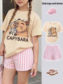 2pcs/Set Girls Cute Capybara Bubble Pattern Outfit, Loose Cartoon T-Shirt With Striped Shorts, Soft Comfortable Fabric Sweet Summer Back To School Essential - Apricot - View 1