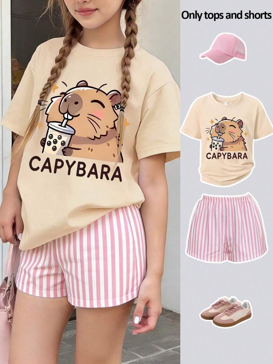 2pcs/Set Girls Cute Capybara Bubble Pattern Outfit, Loose Cartoon T-Shirt With Striped Shorts, Soft Comfortable Fabric Sweet Summer Back To School Essential - Apricot - View 1