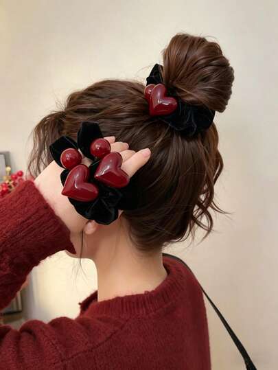 1pc/2pcs Ladies' Red Heart-Shaped Round Bead Hair Ring, Luxurious And Elegant Elastic Large Intestine Ring, Suitable For Bun Head, Fashionable Ponytail Outfit Hair Accessories, Cute And Fashionable Casual Hair Accessories, Perfect For Ladies' Birthdays And Summer Gifts