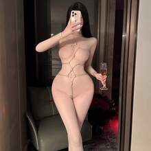 Sexy Lingerie Set For Women With Adjustable Bondage Straps Erotic Role Play Outfit Matching Bra And Thong Plus Detachable Rope Accessories For Couples Play Nightwear - [紅-繩衣]+[黑色網衣] - 查看 2