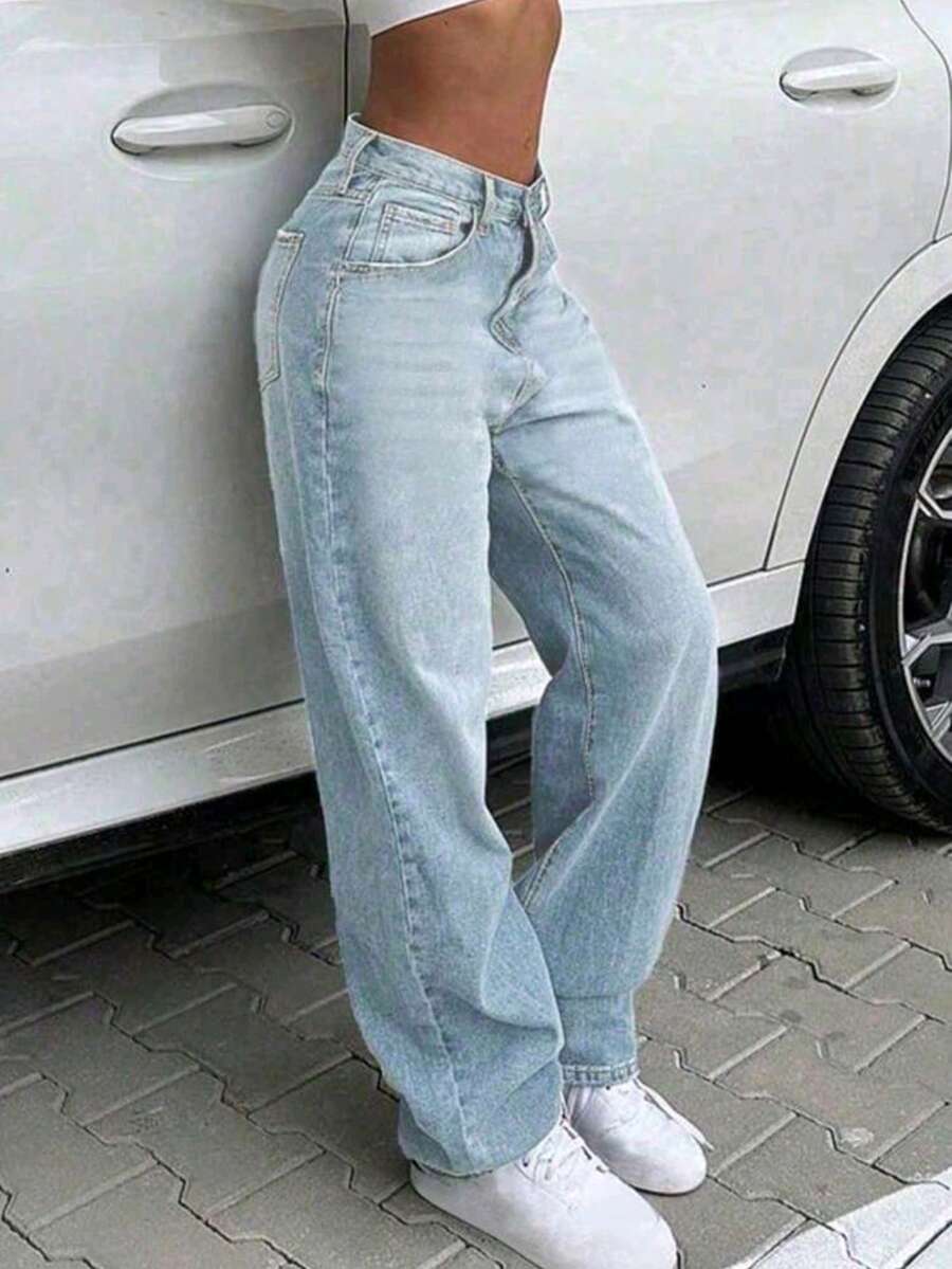 Women's Front Pocket Straight Leg Casual Jeans, Solid Color Minimalist Relaxed Fit Jeans For Daily Wear Spring - Light Wash - View 1