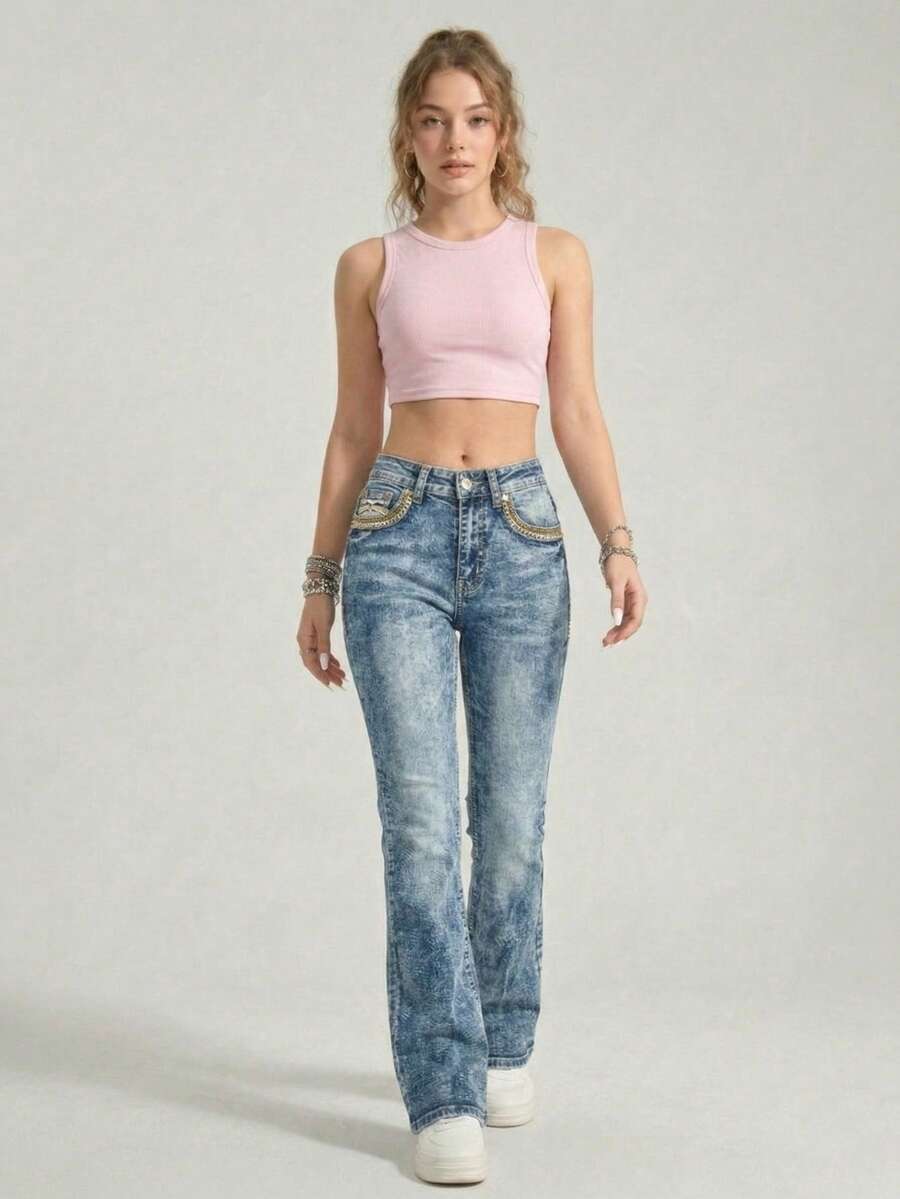 Flattering Flared Denim Pants With Decorative Pockets For A Unique Look. - Grayish Blue LMKF024guion1 - View 1