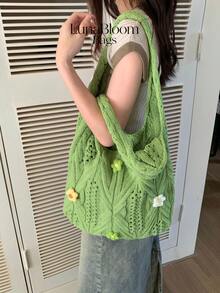 Women's Large Capacity Knitted Crochet Tote Bag, Floral Design Casual Shoulder Bag, Perfect For Beach, Vacation & Commuting - 綠色 - 查看 1