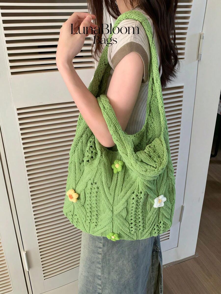 Women's Large Capacity Knitted Crochet Tote Bag, Floral Design Casual Shoulder Bag, Perfect For Beach, Vacation & Commuting - 綠色 - 查看 1
