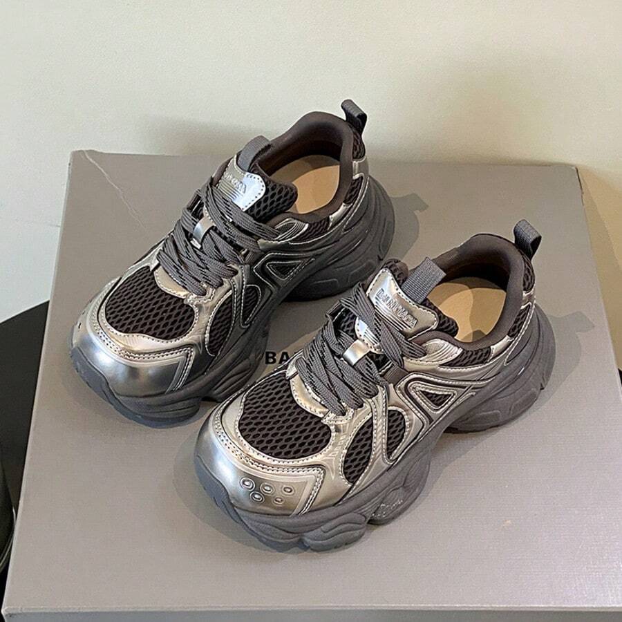 Women's 2026 Spring New Thick Sole Sneakers, Versatile Lightweight Breathable Casual Platform Chunky Sneakers - Silver - View 1