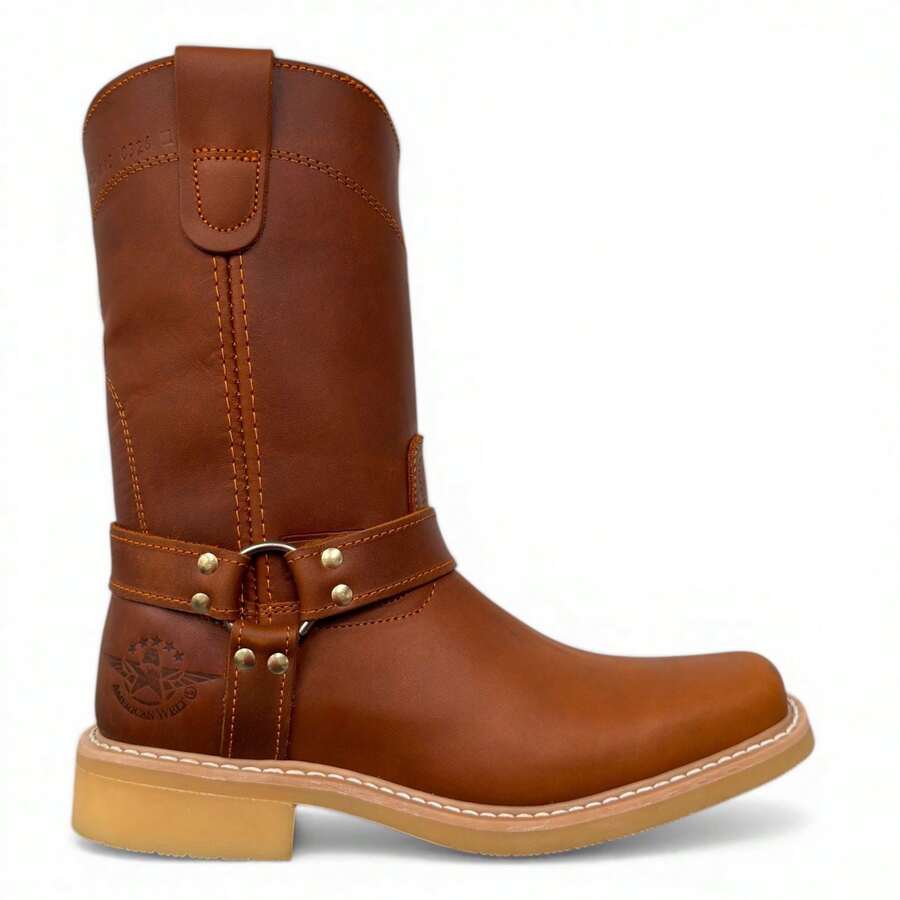 CHOOPER STYLE COWBOY BOOT WITH LEATHER RINGS RODEO MEN'S MOTORCYCLE WITH ANTI-SKID RUBBER SOLE - 亮橙色 - 查看 1